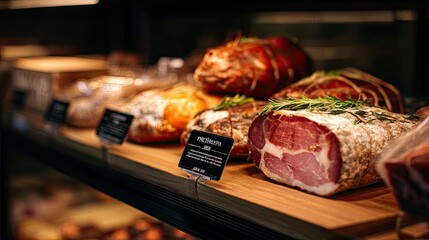 Assorted Cured Meats Displayed on Wooden Shelf with Labels in Artisan Deli Shop for Gourmet Culinary and Food Photography Enthusiasts