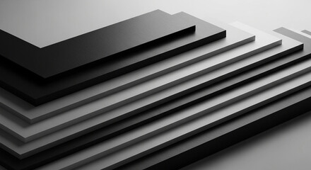 Abstract geometric shapes layered in shades of gray and black, creating a pyramidal form.