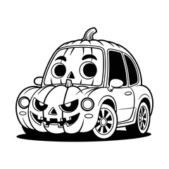 Cute halloween pumpkin car character with a spooky face isolated on white background