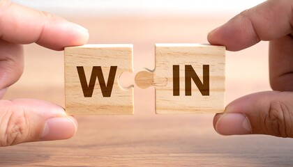 Wooden Puzzle Pieces Spelling 'WIN' with Subtle Reflections