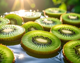 Fresh kiwi slices on water