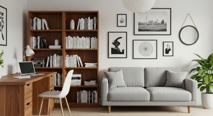Cozy Home Office and Living Room Combination featuring a Wooden Desk and Bookshelf