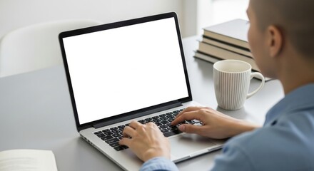 Person typing on a laptop with a blank screen and books on a desk