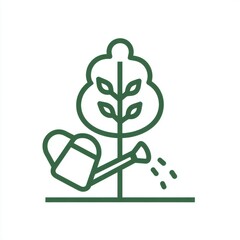 Green Line Art Illustration Young Tree Watering Can Growth Nurturing