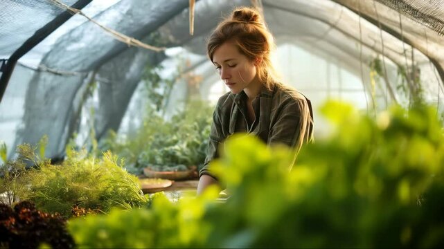 Young woman tending to plants in a greenhouse during golden hour, cultivating fresh herbs and greens for local market
