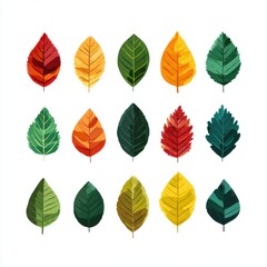 Obraz premium Pixel Art Autumn Leaf Collection Red, Orange, Yellow, Green Hues on White