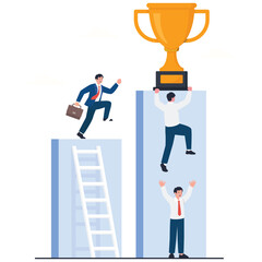 Motivation & Success Illustration. Vector illustration of Business team helping each other climb to reach a large golden trophy. Isolated on background
