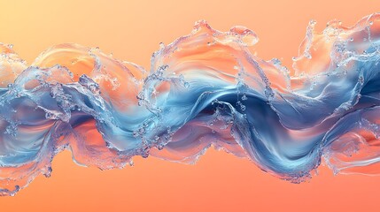 Abstract digital artwork showcasing dynamic splashes and waves of translucent blue liquid on a warm, soft orange background.