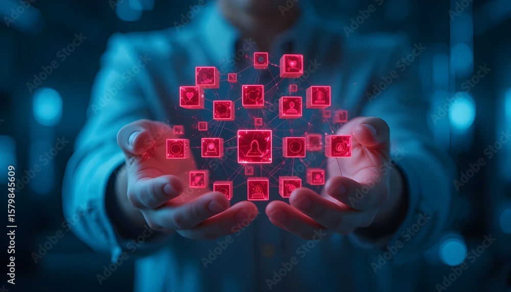 Poster man holding a network of red glowing cubes with profile icons in a futuristic blue setting