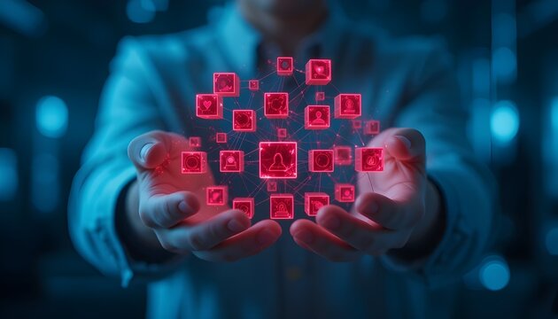 Man holding a network of red glowing cubes with profile icons in a futuristic blue setting