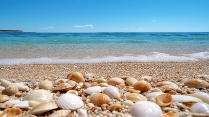 Colorful shells scattered along serene shoreline with gentle waves lapping at sand