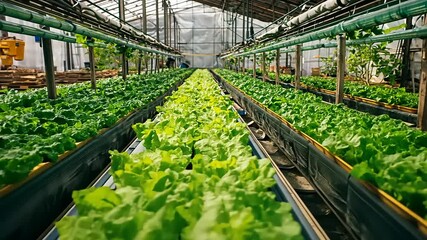 Lush rows of vibrant green lettuce thriving in a large greenhouse with natural light filtering through - Powered by Adobe
