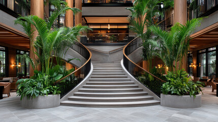 Elegant spiral staircase surrounded by lush greenery in historic hotel lobby