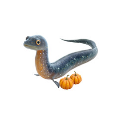 Fototapeta premium Adorable Prehistoric Creature with Pumpkins - Autumn Fantasy Illustration