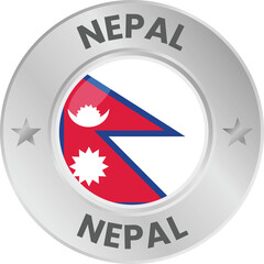 Nepal flag in silver colored medal. National flag in metal circle emblem.