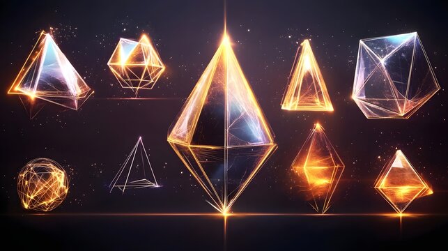 Collection of glowing geometric shapes against a dark background.
