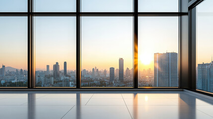 Fototapeta premium Modern office space with large glass windows showcasing city skyline sunset, creating serene
