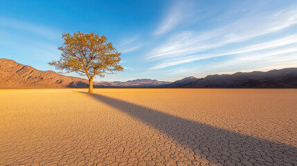 Fototapeta premium Lone desert tree casting long shadow at dusk, surrounded by mountains and dry landscape