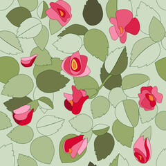 Leaves and red flowers, seamless  pattern