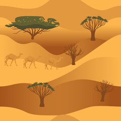 Desert landscape, dunes, trees, camel caravan, seamless vector pattern
