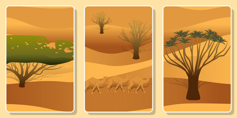 Frames with desert landscape, dunes, trees, camel caravan for wall framed prints, canvas prints, poster