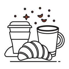 Simple line art illustration of two coffee cups and a croissant