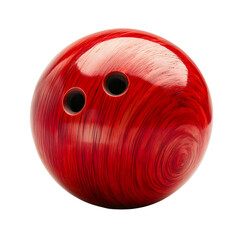 A glossy red bowling ball with dark swirling patterns and three finger holes isolated on transparent background