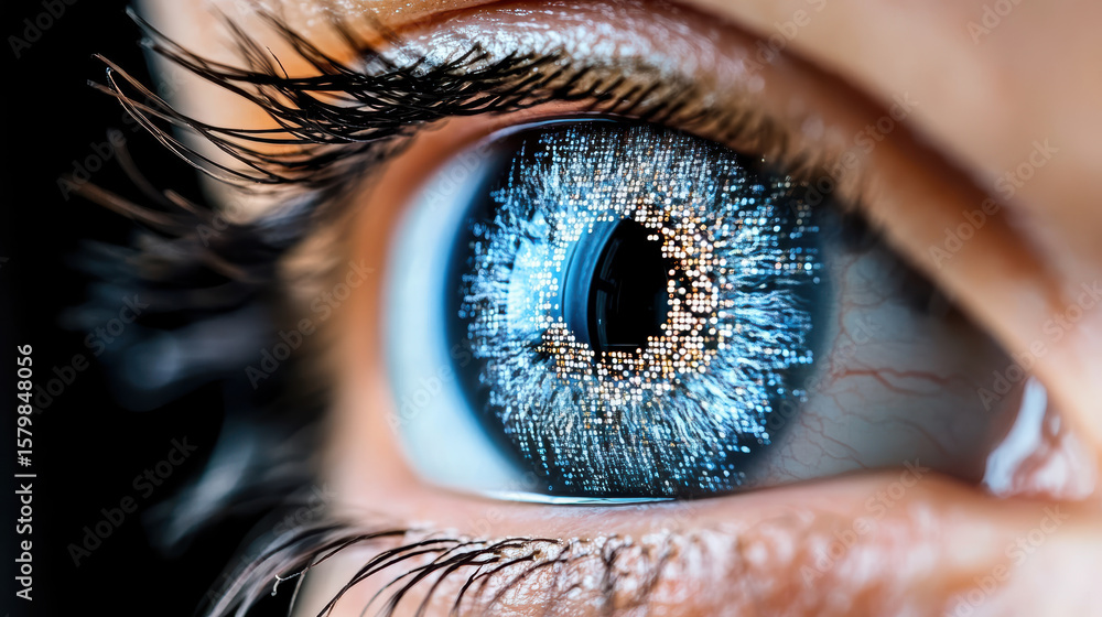 Poster digital eye with glowing patterns and intricate details, showcasing advanced technology