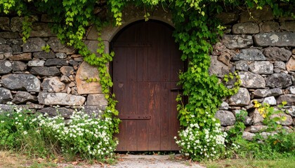 Stone wall archway with wooden door and ivy