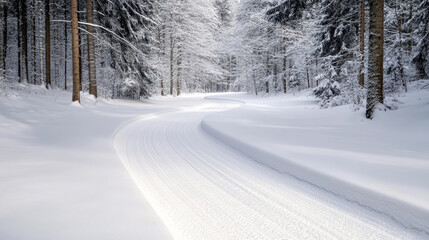 Fototapeta premium Winding snowy trail through serene forest, inviting tranquility and peace