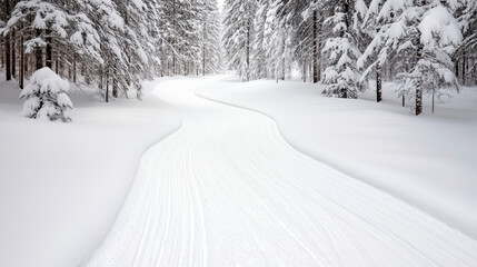 Fototapeta premium Winding snowy trail through serene forest, inviting exploration and tranquility