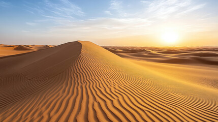Golden hour illuminates soft curves of sand dunes, creating serene desert landscape