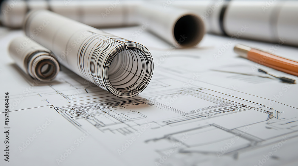 Poster a drawing of a pipe is on a piece of paper with a pencil and scissors nearby. the drawing is of a pi