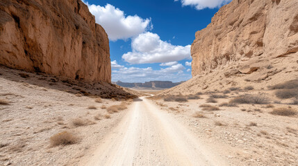 Desert valley path between cliffs blue sky with clouds, showcasing natural beauty