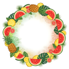 Circular fruit and tropical leaf summer frame with empty center for text placement