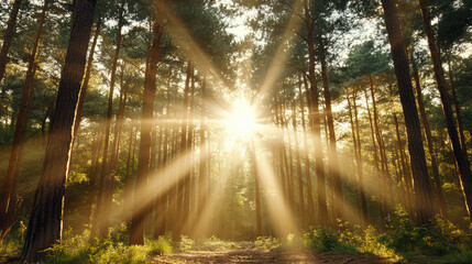 Sunlight beams shining through tall pine trees serene forest setting, creating magical