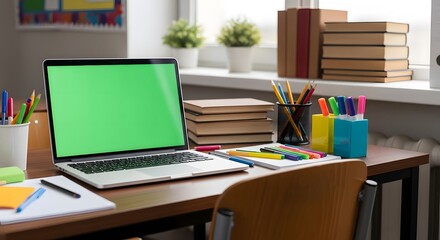 Laptop with a green screen sits on a desk surrounded by books, pens, pencils, and plants in a bright, organized workspace.