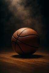 Obraz premium A leather basketball rests dramatically on a polished wooden court under dim, smoky lighting.