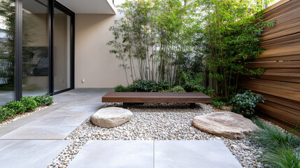 Serene courtyard garden featuring stone bench, bamboo grove, and pebbled ground creates tranquil