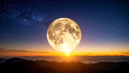 Full moon over mountains at sunrise