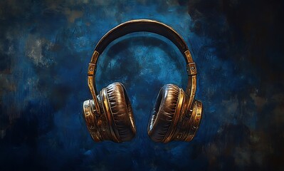 Fototapeta premium Vintage gold headphones mockup on dark blue textured background