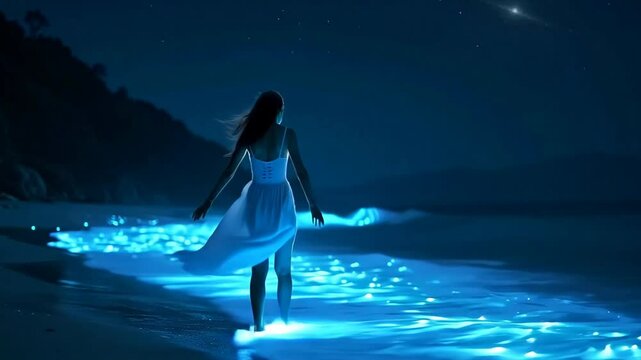 A woman in a flowing white dress walks along a glowing shoreline, surrounded by sparkling bioluminescent waves under a starry night sky.
