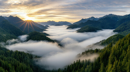 Fototapeta premium Majestic mountains with fog rolling over lush valleys at sunrise create serene landscape
