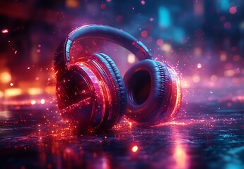 Futuristic headphones mockup with neon lights on wet cyberpunk pavement

