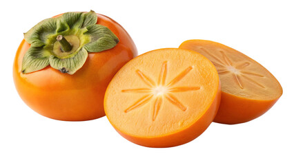 Fresh ripe persimmon fruit whole and sliced healthy eating antioxidant food source isolated on black background