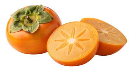 Fresh ripe persimmon fruit whole and sliced healthy eating antioxidant food source isolated on black background