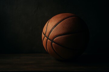 Obraz premium A basketball rests quietly on a dark wooden surface, lit dramatically against a dark background.
