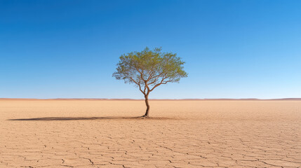 Lone tree stands resilient in arid desert landscape under clear blue sky, symbolizing endurance