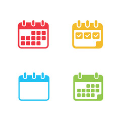 Four colorful calendar icons in red, yellow, blue, and green on a white background