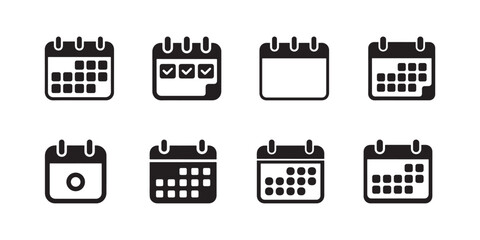 Collection of eight distinct black calendar icons symbolizing planning, events and scheduling on white background